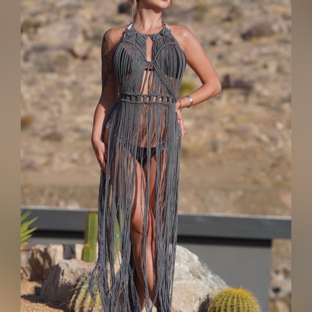 Elegant Gray Fringe Swim Cover-Up